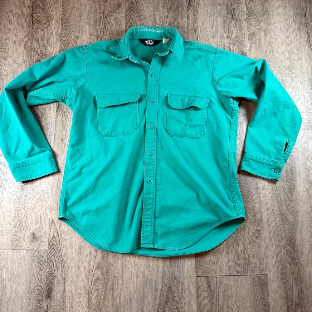 Vintage Woolrich Shirt Mens‎ Large Green Cotton Button Up Utility Workwear